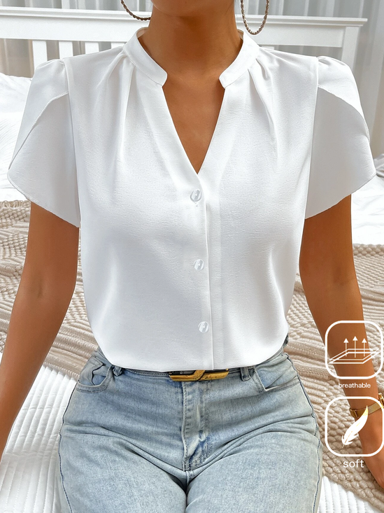 Casual Stand Collar Plain Buckle Blouse