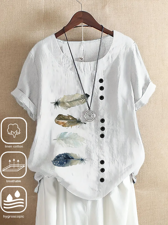 Feather Pattern Cotton And Linen Crew Neck Casual Shirt