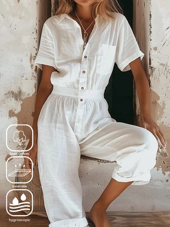 Shawl Collar Casual Cotton And Linen Plain Jumpsuit