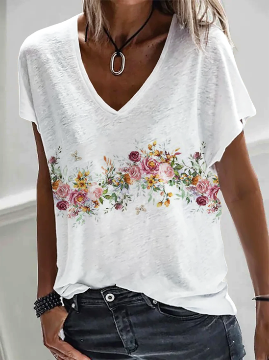 Casual Jersey Floral V Neck T-Shirt