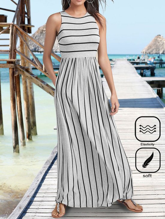 Casual Striped Jersey Pocket Stitching Dress