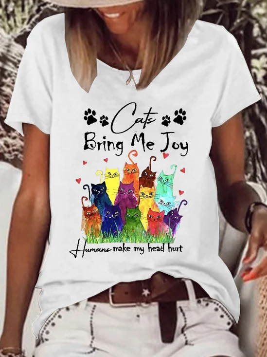 Funny Cat Cotton-Blend Loose Casual Text Letters T-Shirt