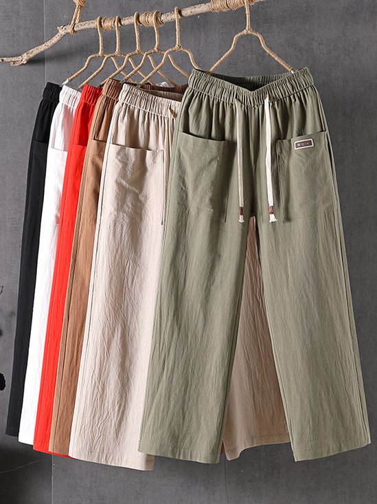 Casual Plain Cotton And Linen Pants