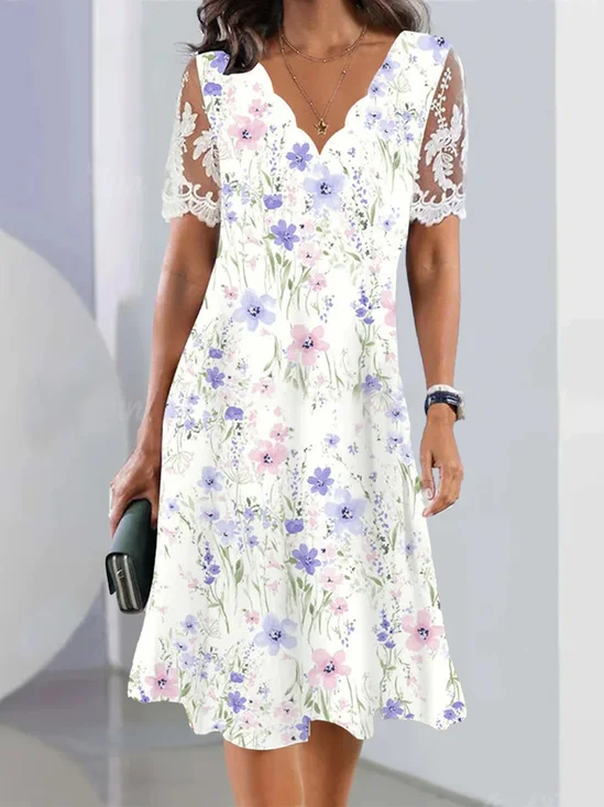 Floral Knitted V Neck Vacation Dress