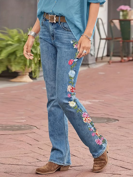 West Style Pocket Stitching Floral Loose Jeans