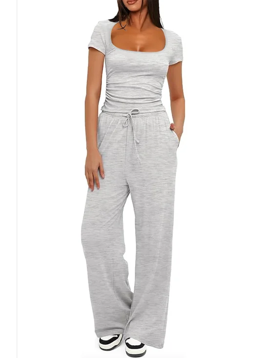 Crew Neck Plain Casual Two-Piece Set
