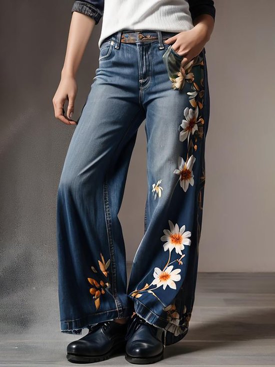 Loose West Style Floral Jeans