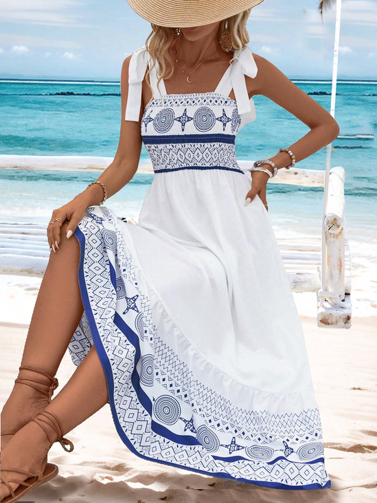 Spaghetti Vacation Ethnic Loose Dress With