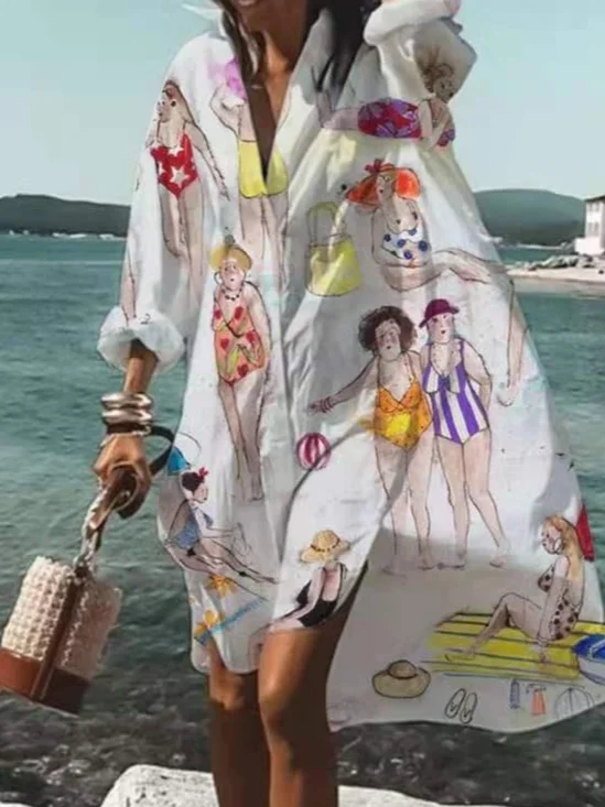 Vacation Loose Figure Shirt Collar Dress