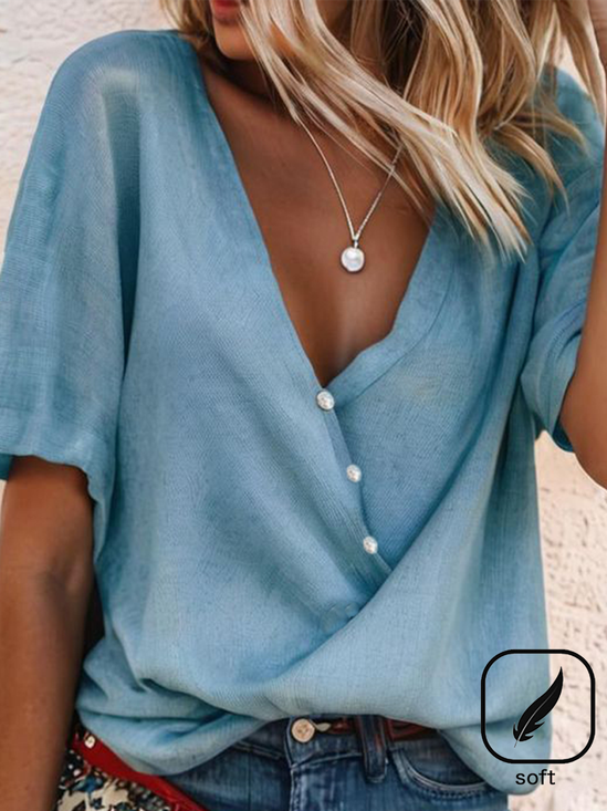 Loose V Neck Casual Buckle Shirt