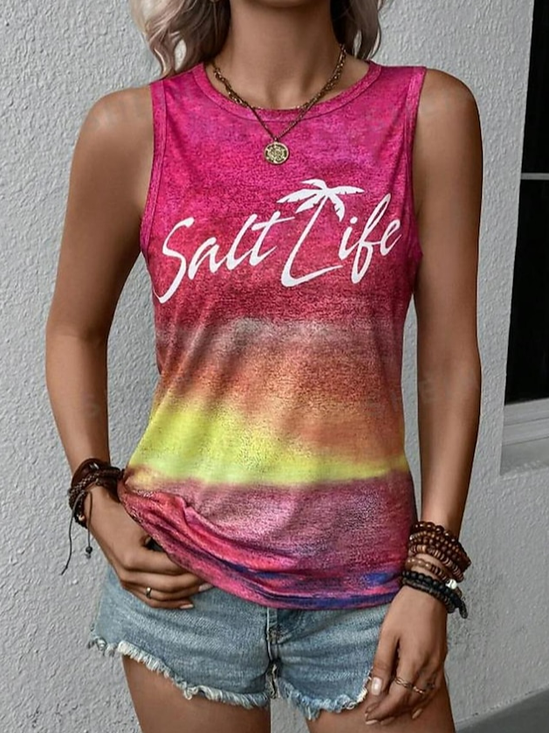 Crew Neck Casual Jersey Text Letters Tank Top