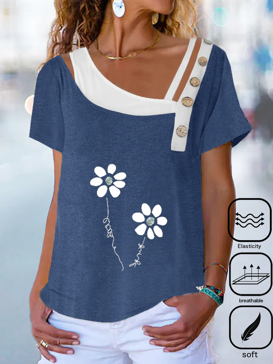 Floral Buckle Loose Casual T-Shirt