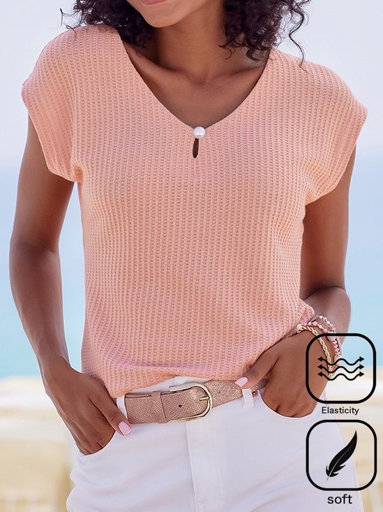 Buckle Knitted V Neck Casual T-Shirt