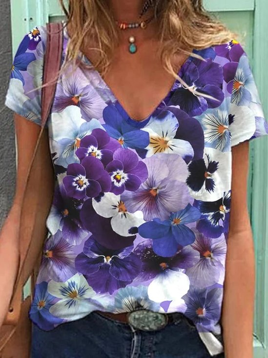 Women's Alzheimer's Purple Floral V-Neck T-Shirt