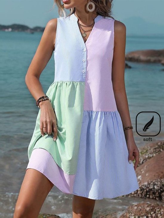Vacation Striped Notched Loose Dress
