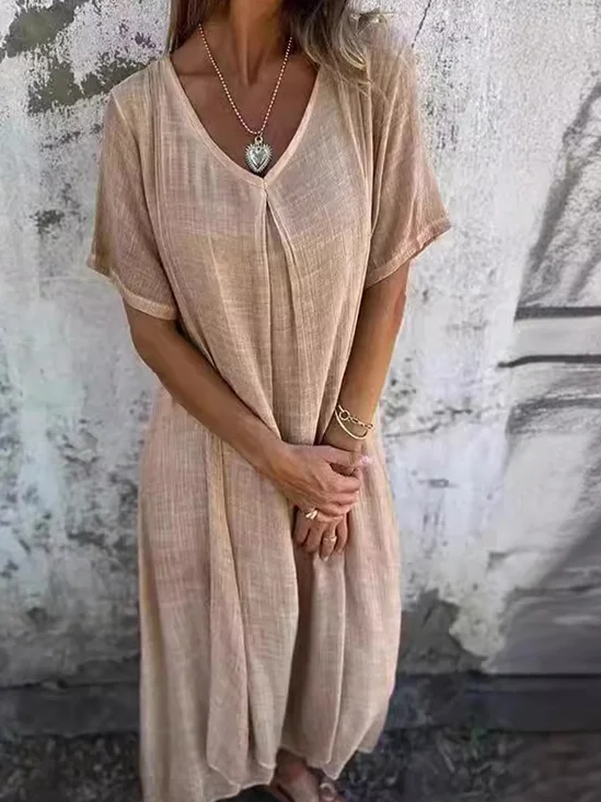 V Neck Casual Cotton And Linen Dress With No