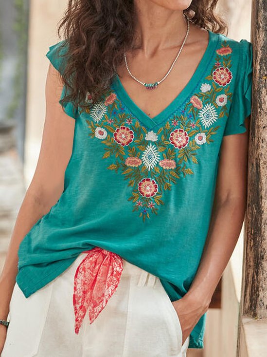 Casual Embroidery Floral V-neck T-Shirt