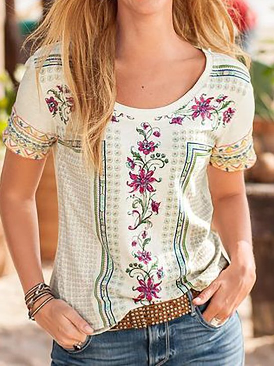 Crew Neck Floral West Style Loose T-Shirt