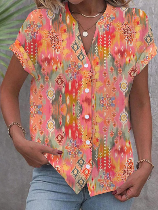 Shirt Collar Ethnic Casual Buttoned Blouse