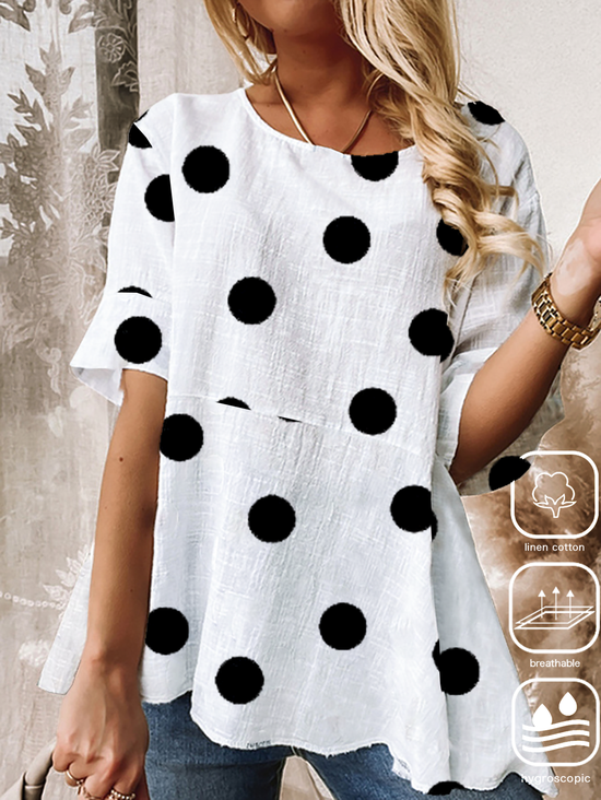 Cotton And Linen Loose Casual Polka Dots Shirt