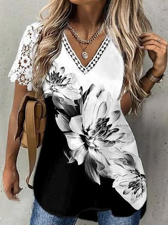 Lace V Neck Loose Casual Shirt