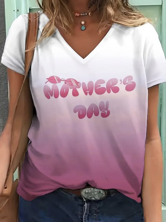Mother's Day Print T-shirt, Casual Ombre Short Sleeve V Neck Top For Spring & Summer, Women's  Clothing