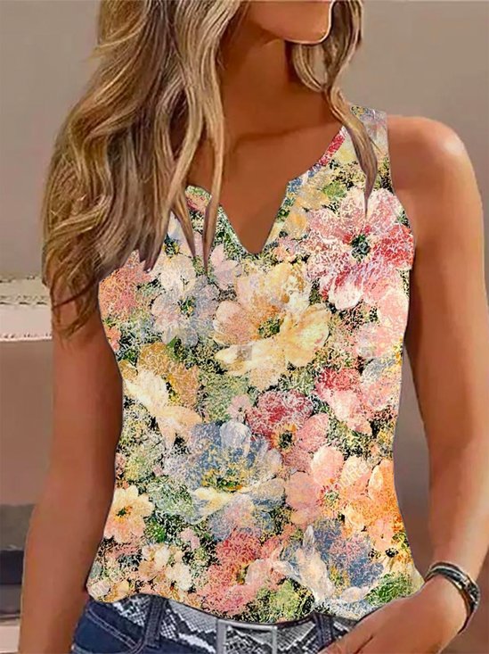 V Neck Casual Loose Floral Tank Top