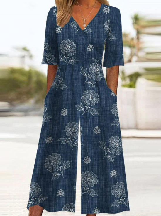 Casual Pocket Stitching Floral Jumpsuit