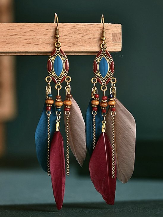 Rice beads retro tassel feather earrings long oil dripping feather earrings European and American Bohemian