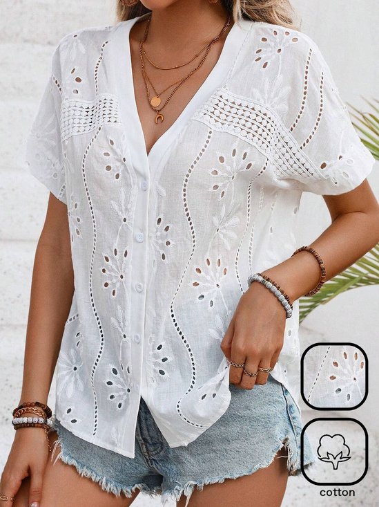 Loose Casual V Neck Embroidery Blouse