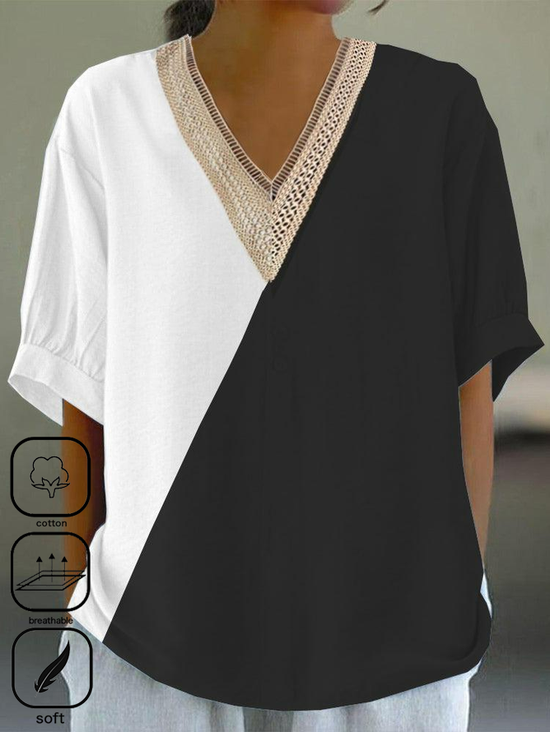 Black And White Colorblock Casual Cotton Shirt