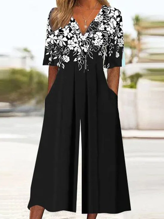 Casual Floral Knitted Pocket Stitching V Neck Jumpsuit