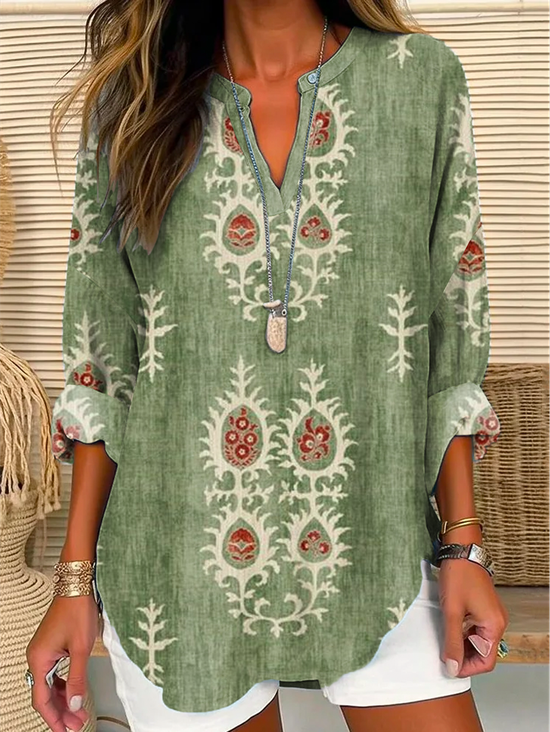 Casual Loose V Neck Ethnic Shirt