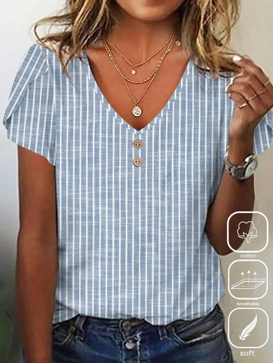 V Neck Loose Striped Casual T-Shirt