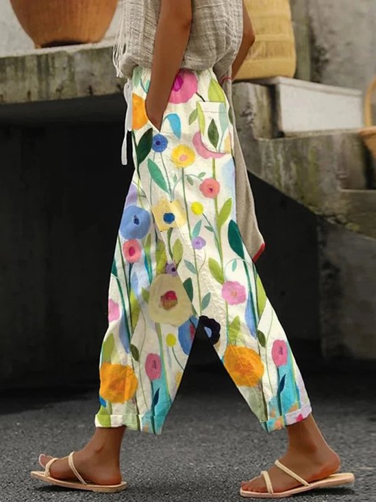 Pocket Stitching Casual Floral Loose Pants
