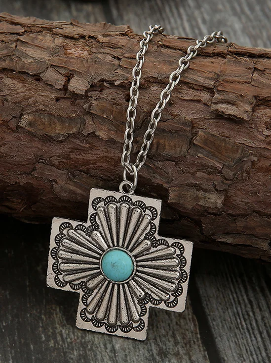 wish cross-border European and American new retro bohemian style turquoise pendant exaggerated cross geometric necklace