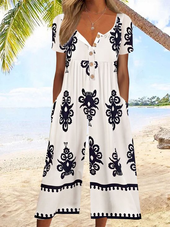 Notched Loose Casual Ethnic Jumpsuit