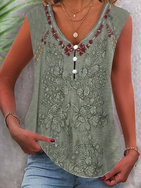 Loose Buckle Casual Floral Tank Top