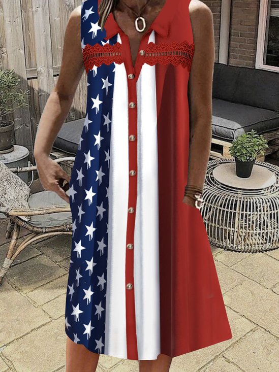 Casual Shirt Collar America Flag Dress