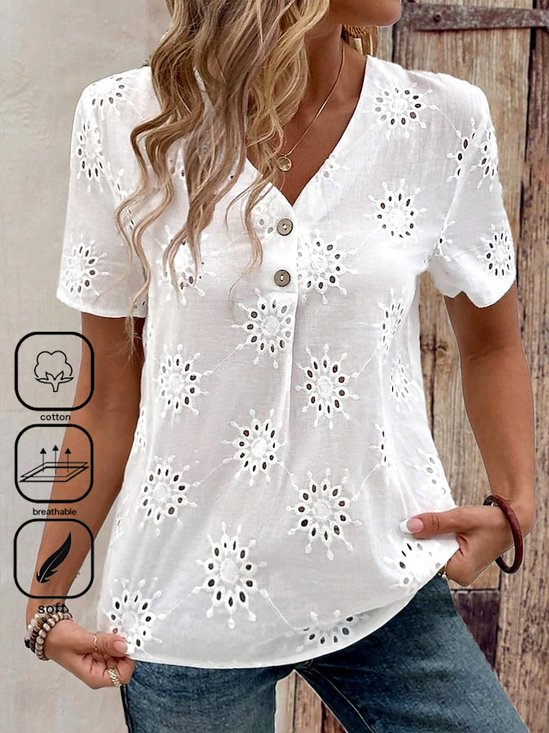 Casual Embroidery Patterns V Neck Loose Shirt