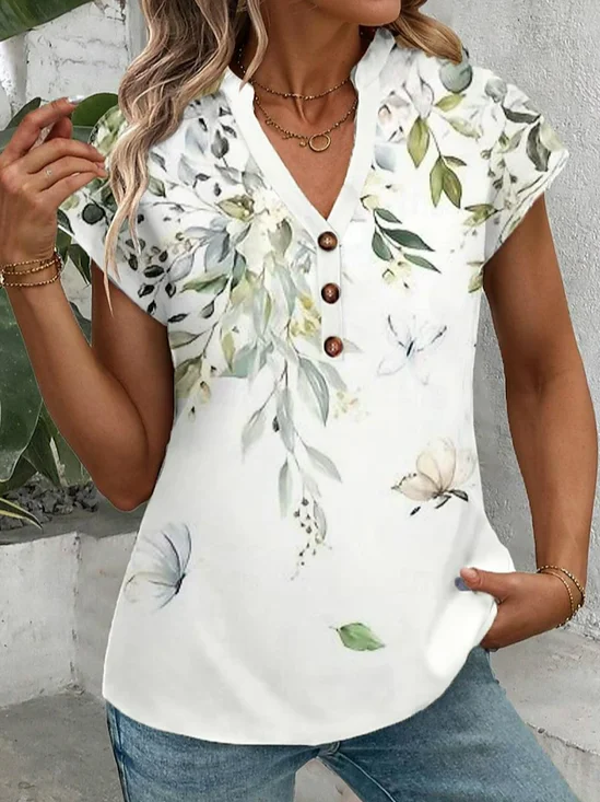 Notched Floral Knitted Casual T-Shirt