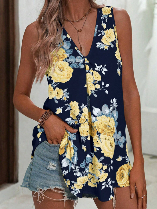 V Neck Floral Casual Tank Top