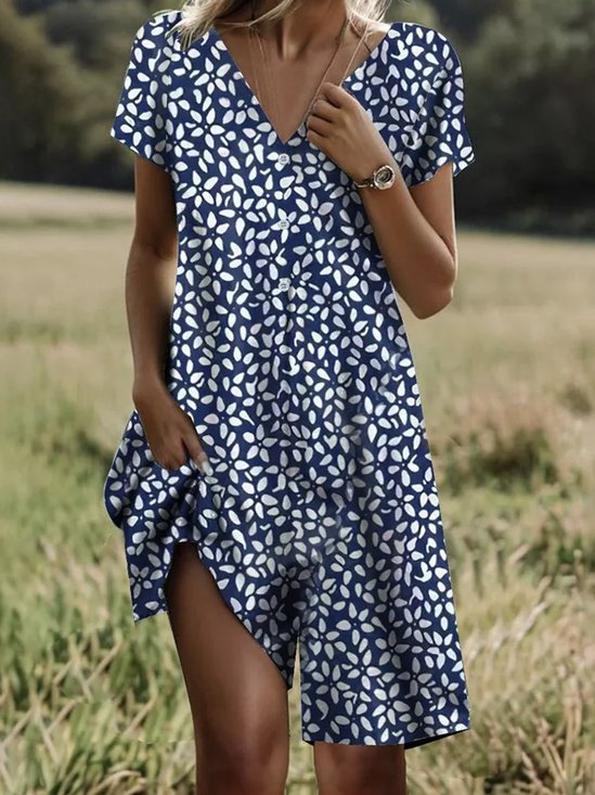 V Neck Floral Casual Jumpsuit With