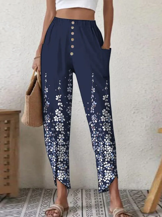 Pocket Stitching Floral Loose Casual Pants