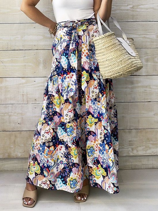 Casual Floral Loose Pocket Stitching Skirt With