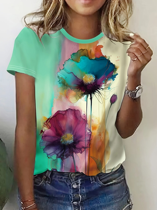 Casual Loose Floral Crew Neck T-Shirt
