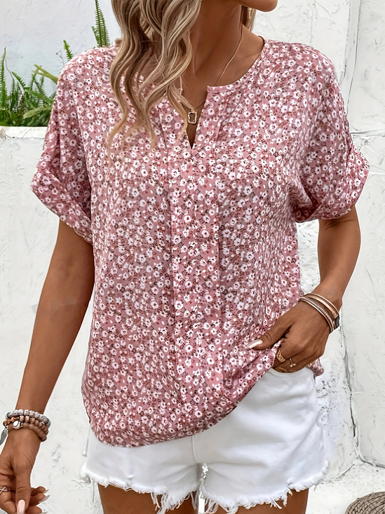 Loose Notched Disty Floral Casual Shirt