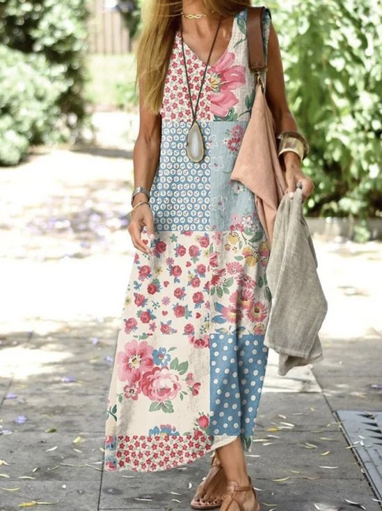 Floral V Neck Loose Casual Dress With