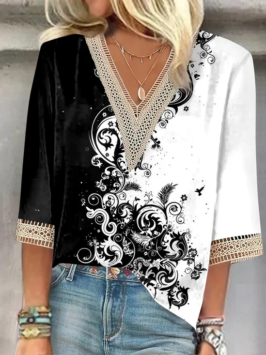 Floral Casual V Neck Lace Edge Shirt