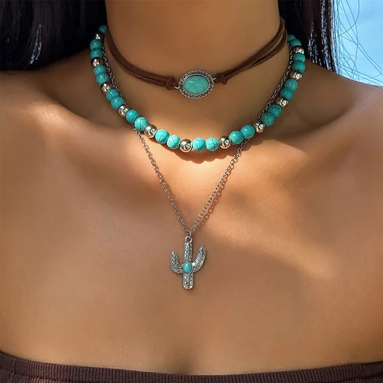 European and American cross-border jewelry, retro imitation turquoise clavicle chain, niche beaded necklace set, ethnic style cactus necklace